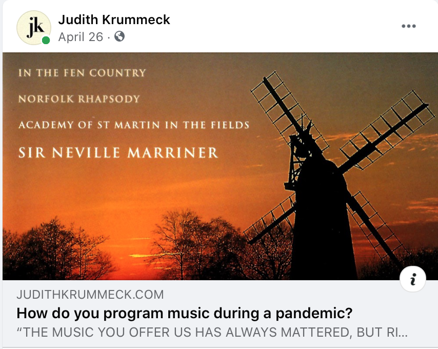 Facebook post of a link to a website, headline reads, "How do you program music during a pandemic?"