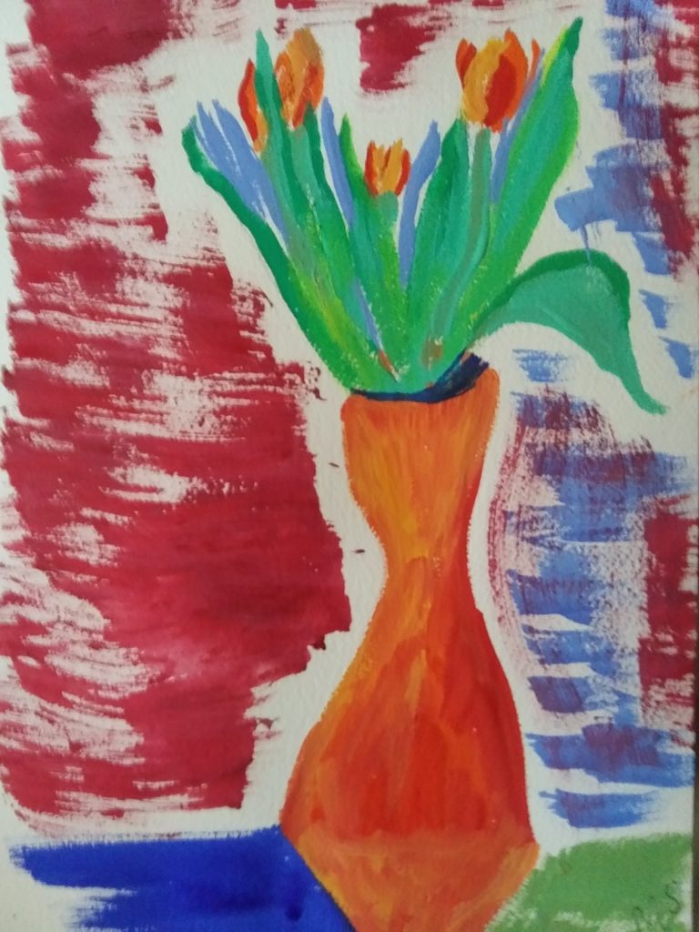 Colorful still-life painting of tulips in a vase