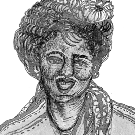 Portrait of an African-American woman with daisies in her hair, singing. Black and white ink on paper.